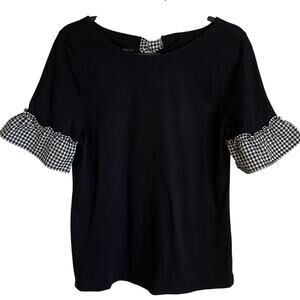 Talbots Pima Cotton Top Short Sleeves Gingham Ruffle Sz M Ribbon Tie Back Preppy